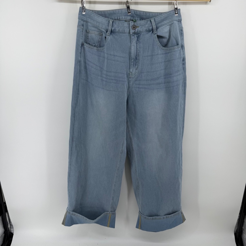 Halara Light Wash Wide Leg Cuffed Denim Jeans Womens Size L Regular High Rise